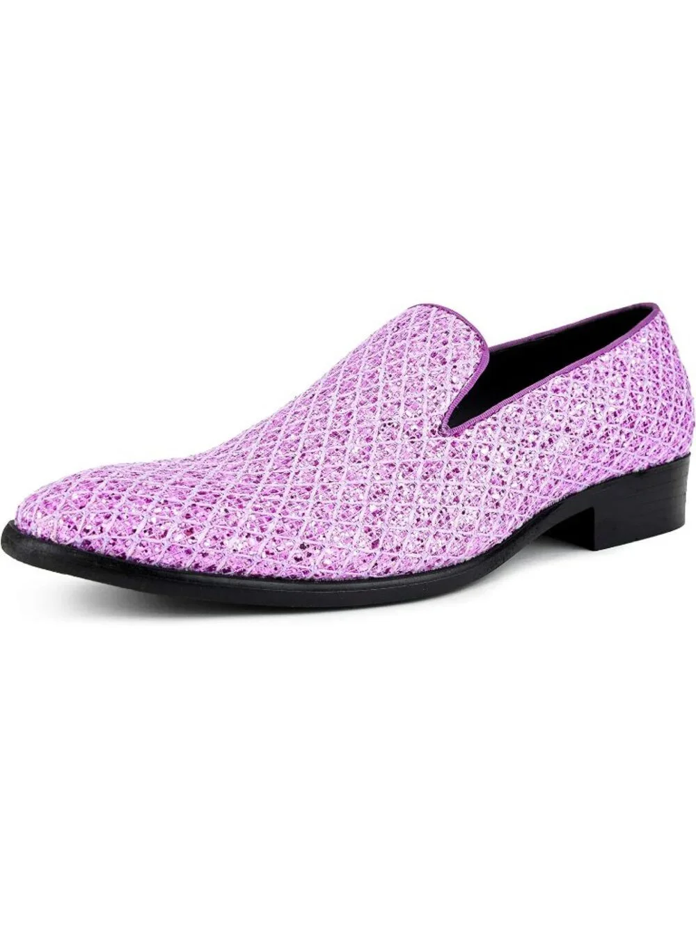Bolano Men's Lavender Glitter Loafers Slip On Metallic Tuxedo Block Heel Shoes